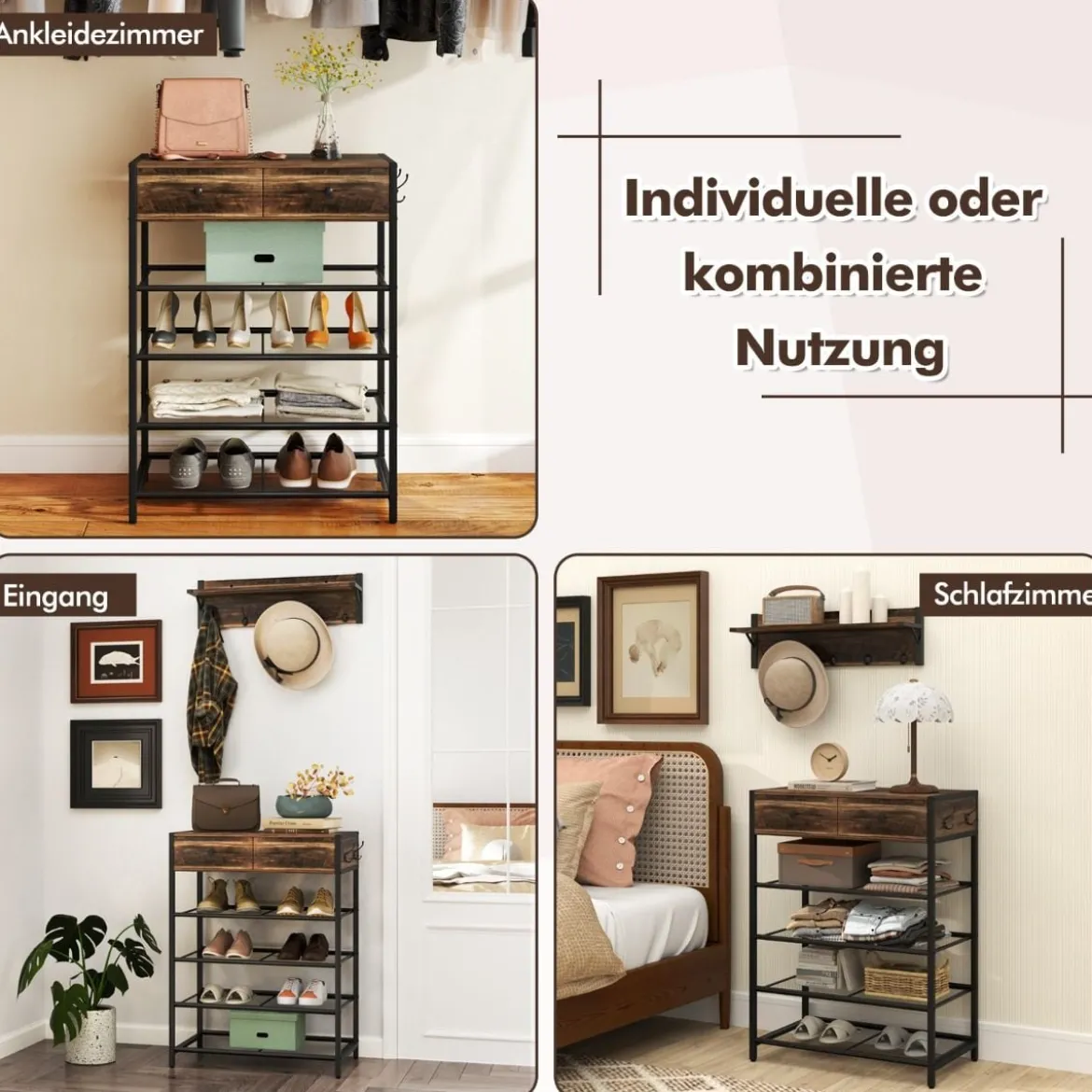 Schuhregal & Wandgarderobe Kombi-Set mit Haken & Schubladen & Schwebendem Regal