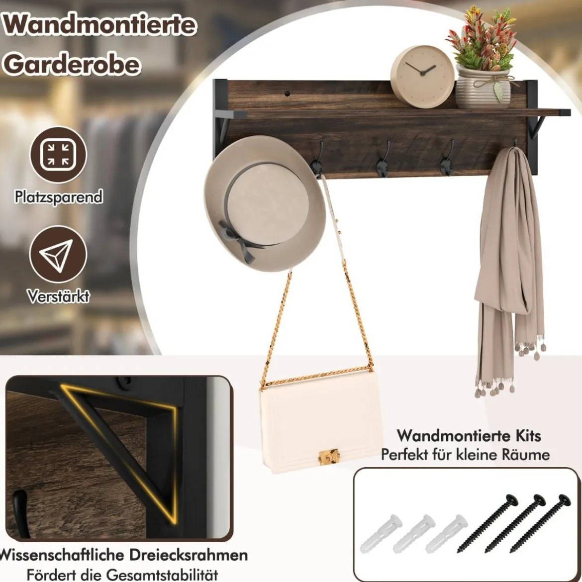 Schuhregal & Wandgarderobe Kombi-Set mit Haken & Schubladen & Schwebendem Regal