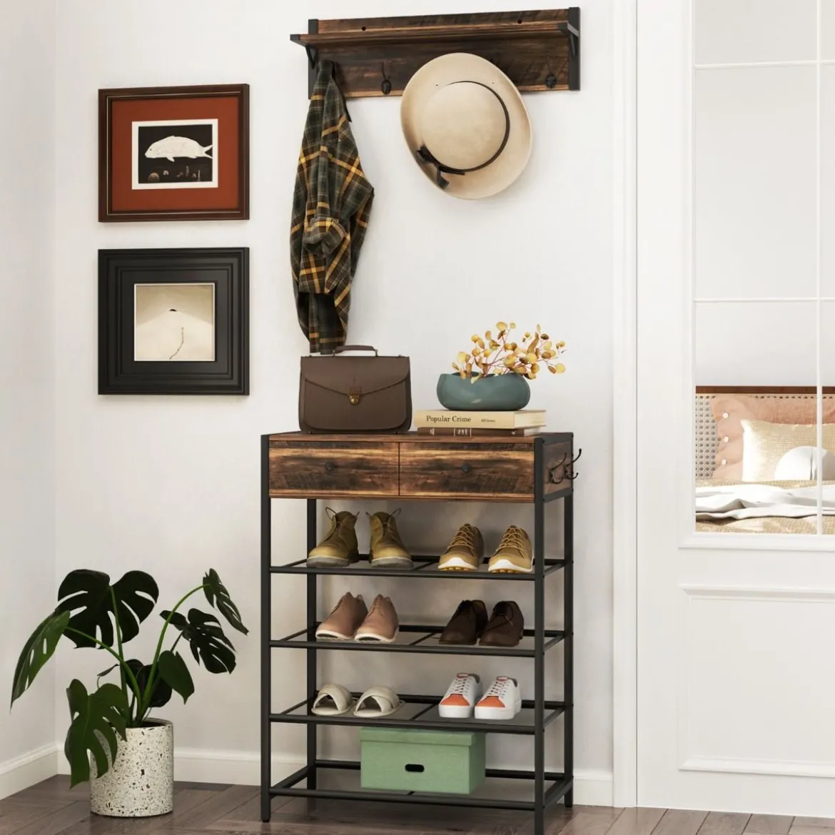 Schuhregal & Wandgarderobe Kombi-Set mit Haken & Schubladen & Schwebendem Regal