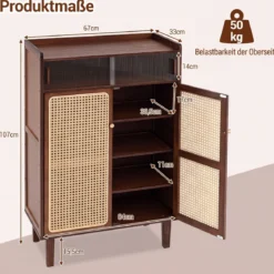 Schuhschrank Bambus mit 2 Rattantüren Rutschfesten Füßen & 6 Ebenen 67 x 33 x 107 cm Braun