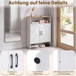 Schuhschrank im Landhausstil mit Türen & 2 Höhenverstellbaren Einlegeböden 70 x 35 x 95 cm Weiß + Natur