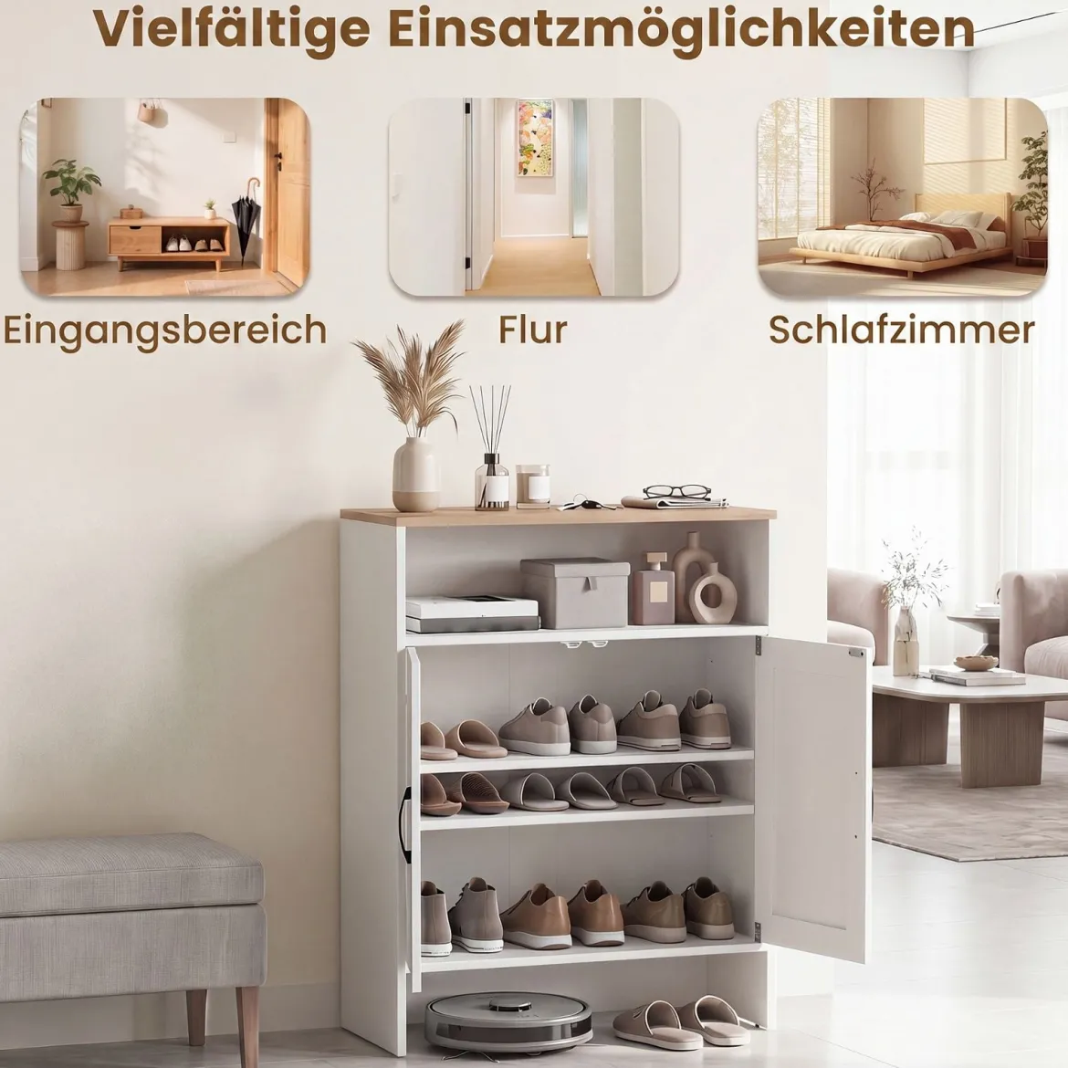 Schuhschrank im Landhausstil mit Türen & 2 Höhenverstellbaren Einlegeböden 70 x 35 x 95 cm Weiß + Natur