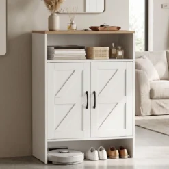 Schuhschrank im Landhausstil mit Türen & 2 Höhenverstellbaren Einlegeböden 70 x 35 x 95 cm Weiß + Natur