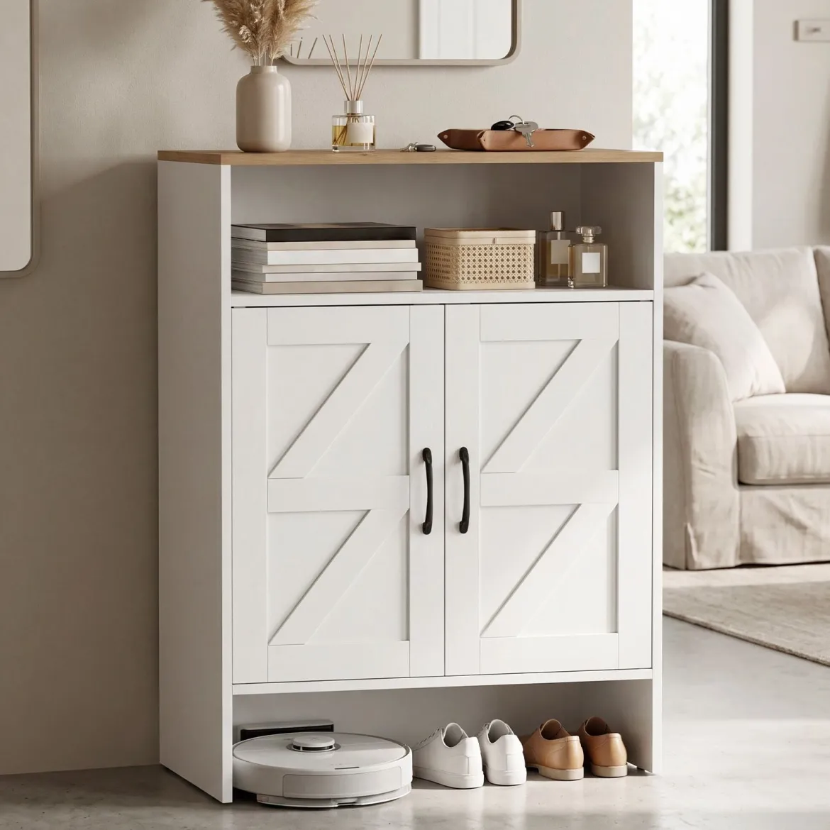 Schuhschrank im Landhausstil mit Türen & 2 Höhenverstellbaren Einlegeböden 70 x 35 x 95 cm Weiß + Natur