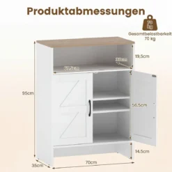 Schuhschrank im Landhausstil mit Türen & 2 Höhenverstellbaren Einlegeböden 70 x 35 x 95 cm Weiß + Natur