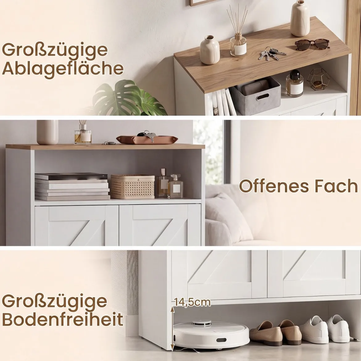 Schuhschrank im Landhausstil mit Türen & 2 Höhenverstellbaren Einlegeböden 70 x 35 x 95 cm Weiß + Natur