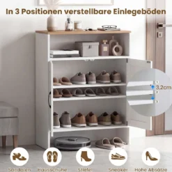 Schuhschrank im Landhausstil mit Türen & 2 Höhenverstellbaren Einlegeböden 70 x 35 x 95 cm Weiß + Natur