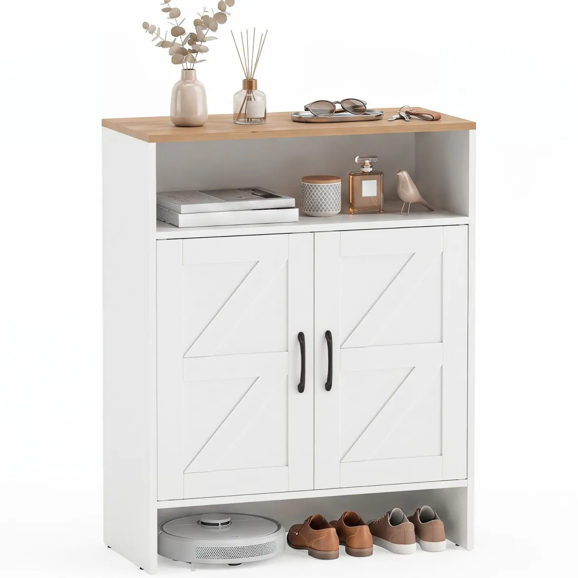 Schuhschrank im Landhausstil mit Türen & 2 Höhenverstellbaren Einlegeböden 70 x 35 x 95 cm Weiß + Natur