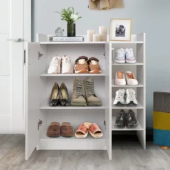 Schuhschrank mit 3-Fach Verstellbaren Regalböden & 2 Türen & 5 Offenen Regalen Weiß