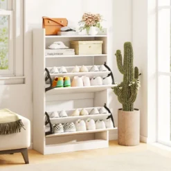 Schuhschrank mit 2 Klappfächern schlankes verstecktes Holz-Schuhregal Weiß/Rustikale Holzoptik