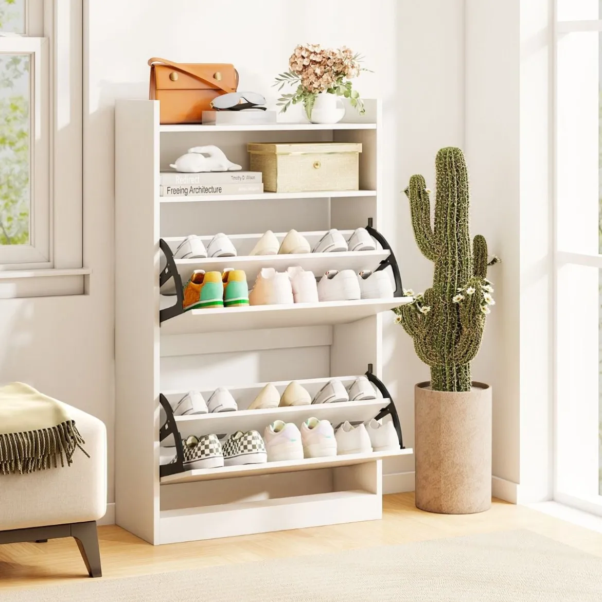 Schuhschrank mit 2 Klappfächern schlankes verstecktes Holz-Schuhregal Weiß/Rustikale Holzoptik