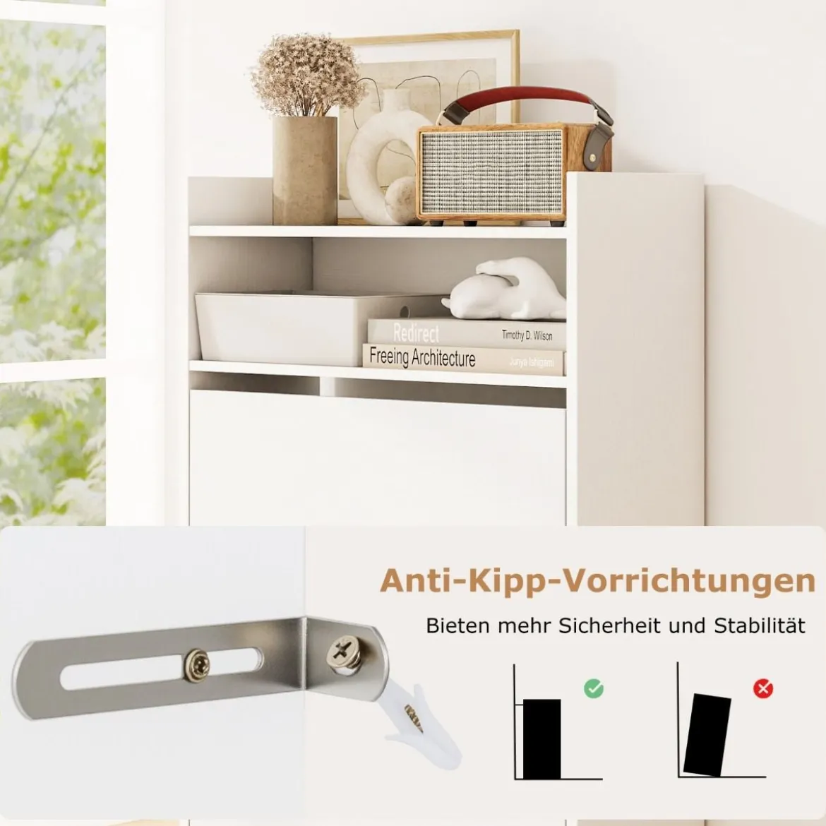 Schuhschrank mit 2 Klappfächern schlankes verstecktes Holz-Schuhregal Weiß/Rustikale Holzoptik