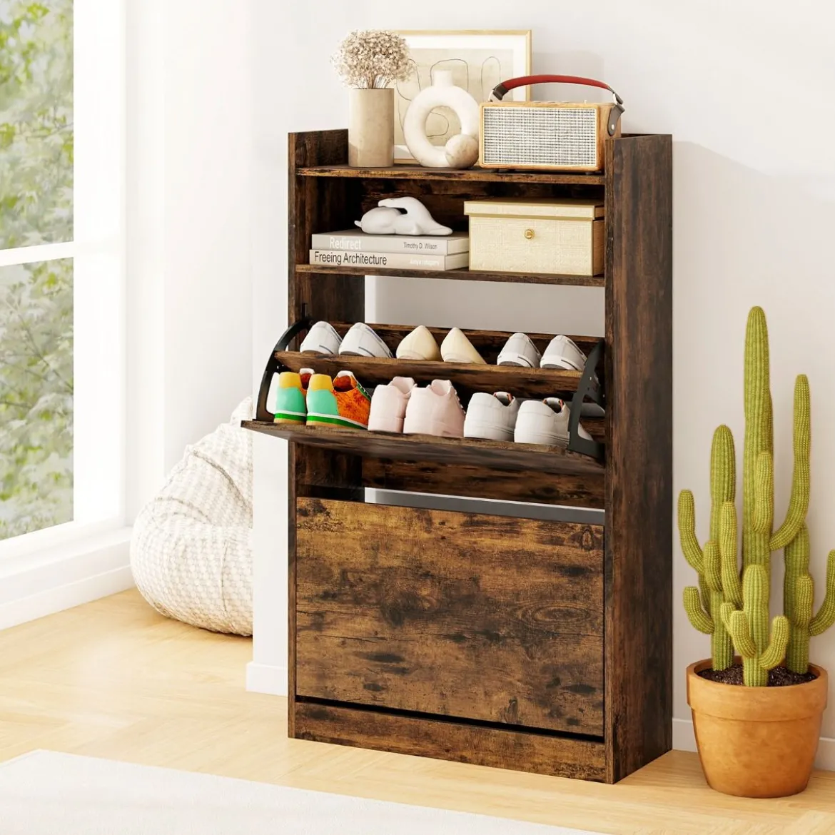 Schuhschrank mit 2 Klappfächern schlankes verstecktes Holz-Schuhregal Weiß/Rustikale Holzoptik