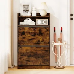 Schuhschrank mit 2 Klappfächern schlankes verstecktes Holz-Schuhregal Weiß/Rustikale Holzoptik