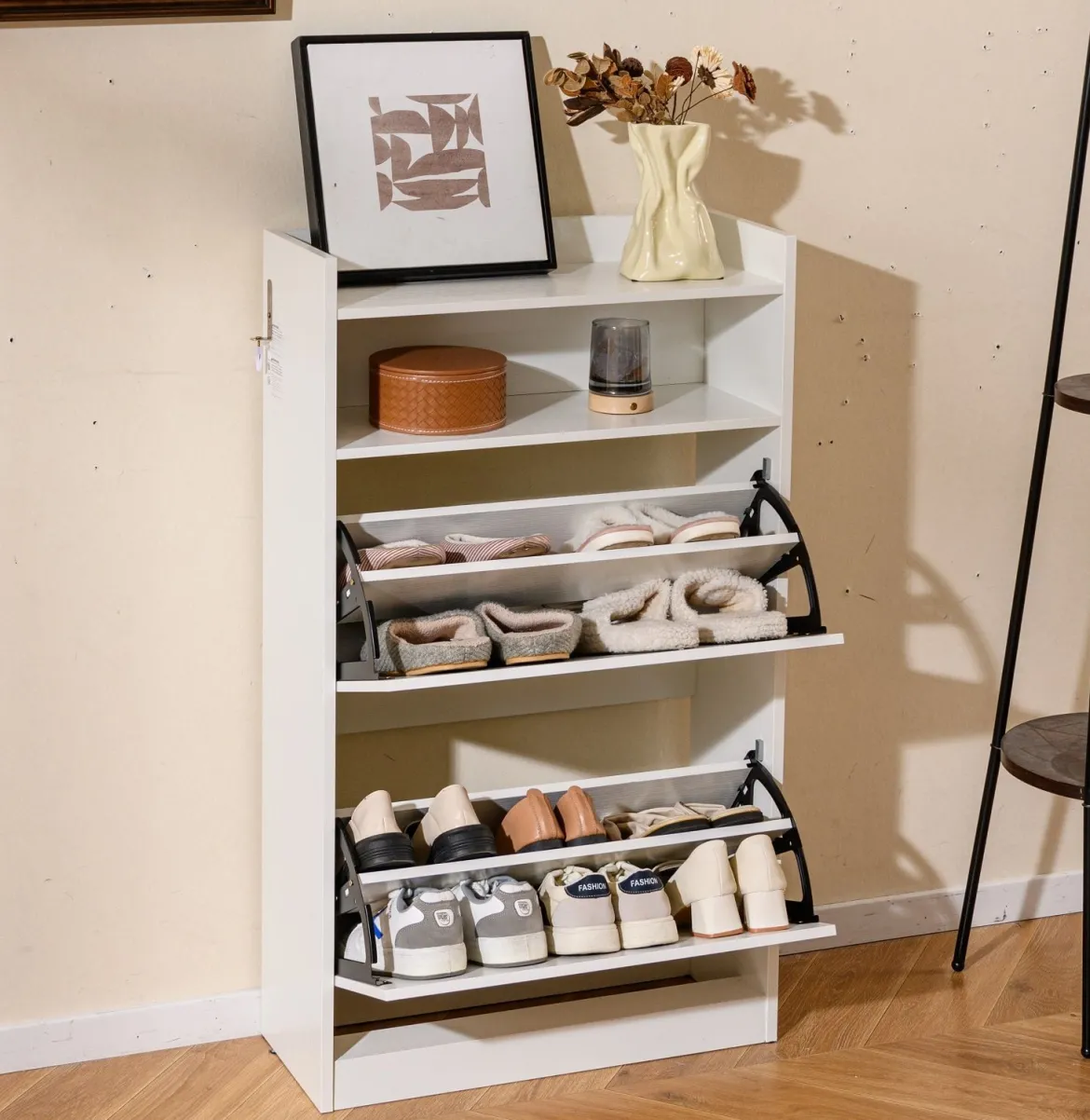 Schuhschrank mit 2 Klappfächern schlankes verstecktes Holz-Schuhregal Weiß/Rustikale Holzoptik