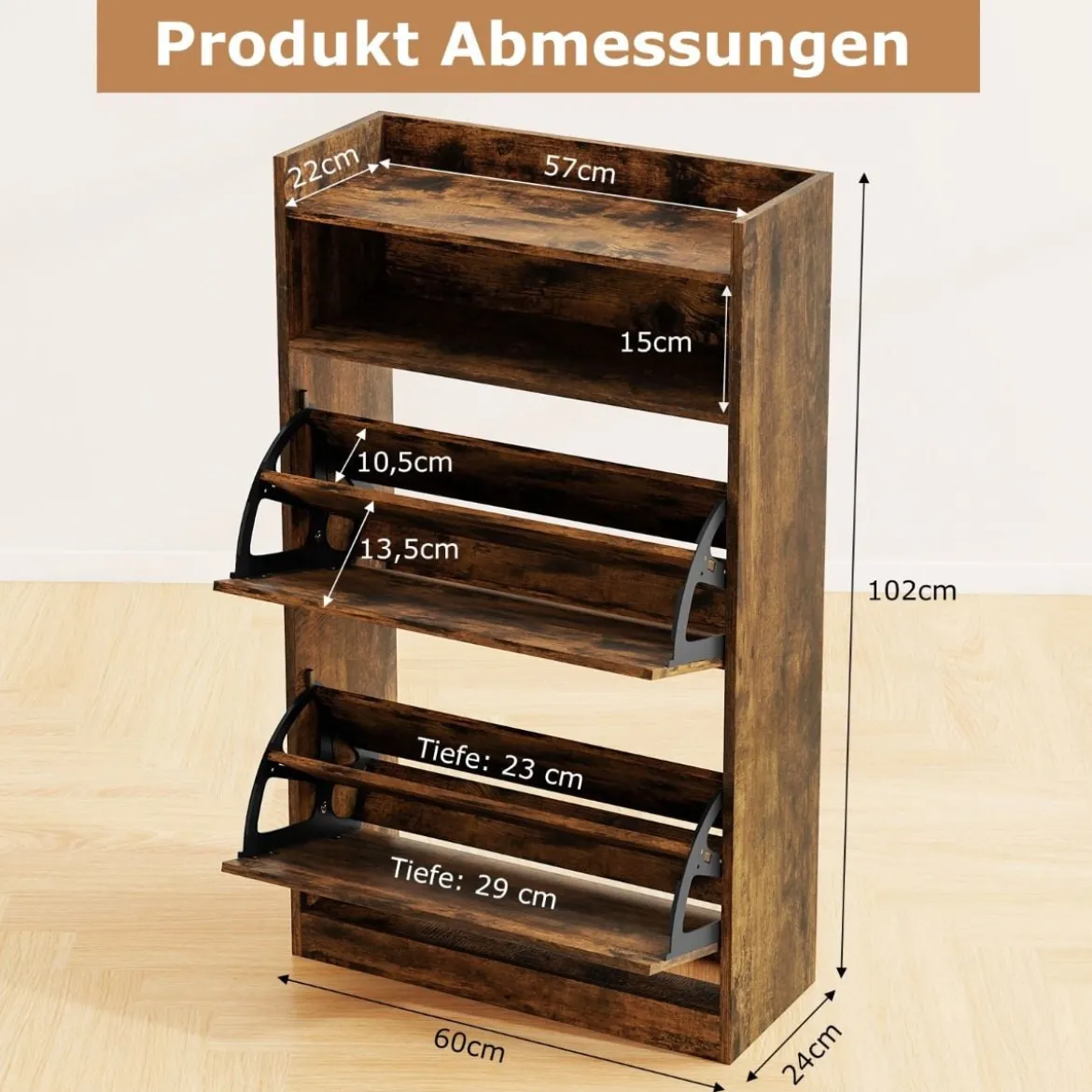 Schuhschrank mit 2 Klappfächern schlankes verstecktes Holz-Schuhregal Weiß/Rustikale Holzoptik