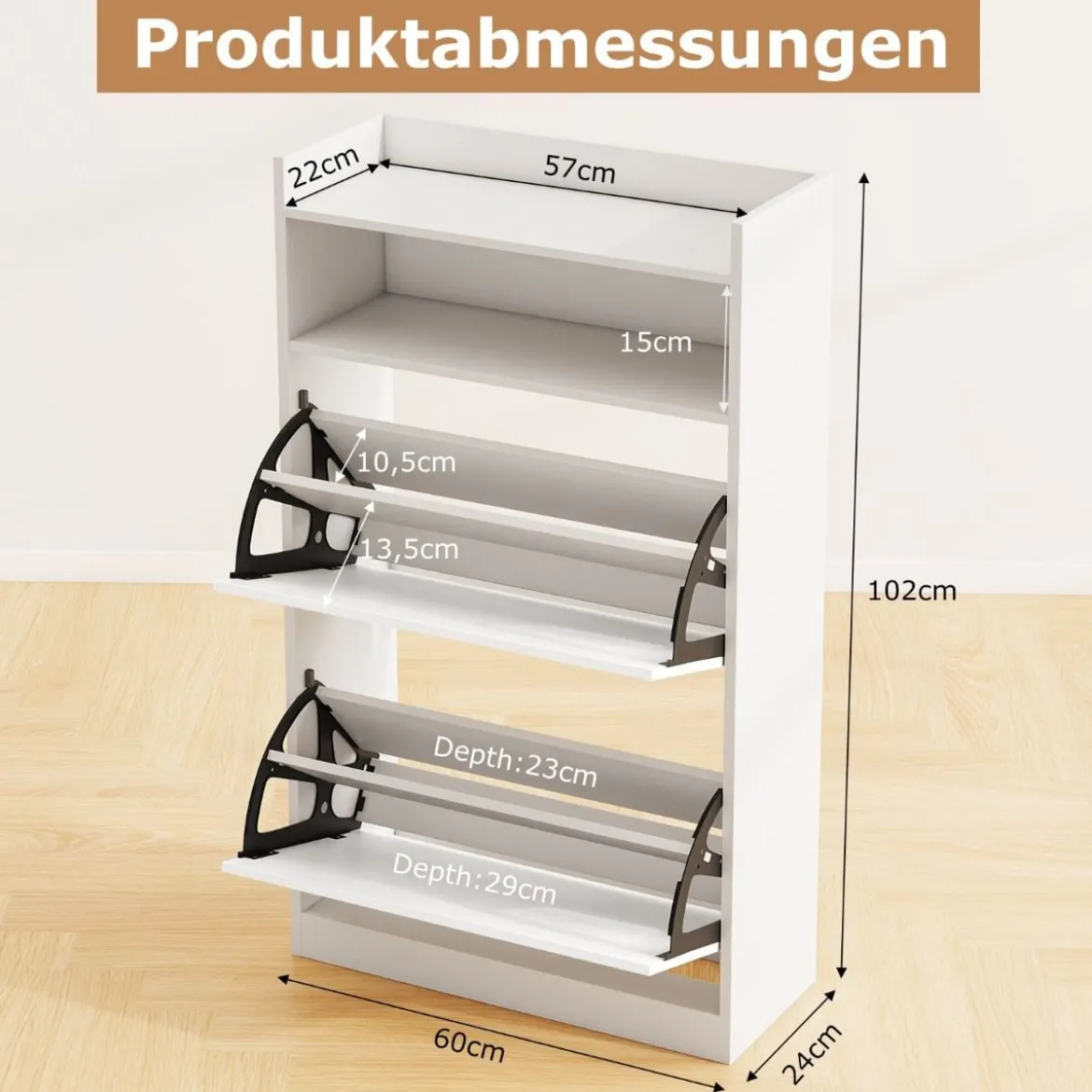 Schuhschrank mit 2 Klappfächern schlankes verstecktes Holz-Schuhregal Weiß/Rustikale Holzoptik