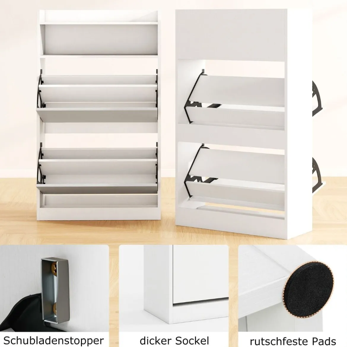 Schuhschrank mit 2 Klappfächern schlankes verstecktes Holz-Schuhregal Weiß/Rustikale Holzoptik
