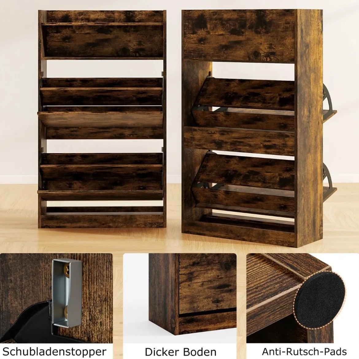 Schuhschrank mit 2 Klappfächern schlankes verstecktes Holz-Schuhregal Weiß/Rustikale Holzoptik