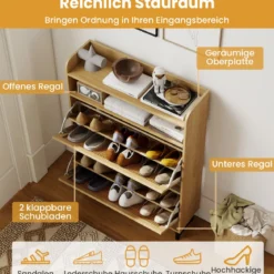 Schuhschrank mit 2 Klappschubladen freistehender Schuhorganisator mit Rattantüren und Metallbeinen Natur
