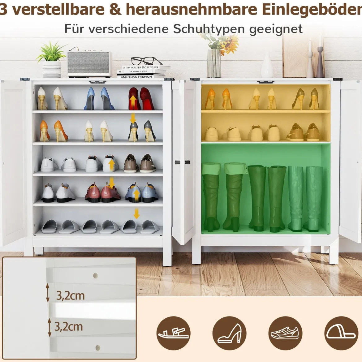 Schuhschrank mit Türen & 6-stufige Verstellbaren Regalen Schuhkommode im Landhausstil Weiß