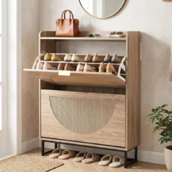 Schuhschrank Schuhkipper mit 2 Klappen Schuhregal & Verstellbaren Einlegeböden 80 x 24 x 102 cm Natur