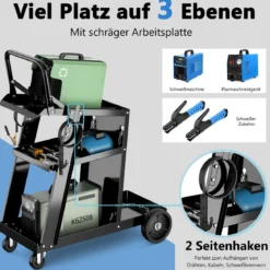 Schweißwagen mit 3 Ablageflächen Schweißmobil Wagen für Schweßgeräte Schweißgerätwagen mit Kippschutzketten Schwarz