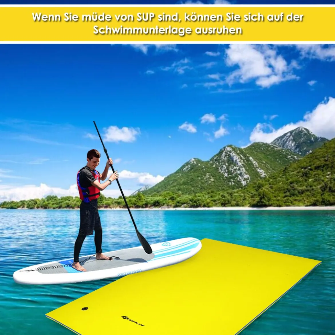 Schwimmender Teppich Schwimmmatte Wasserliege 270 x 180 x 3,5 cm Gelb/Blau