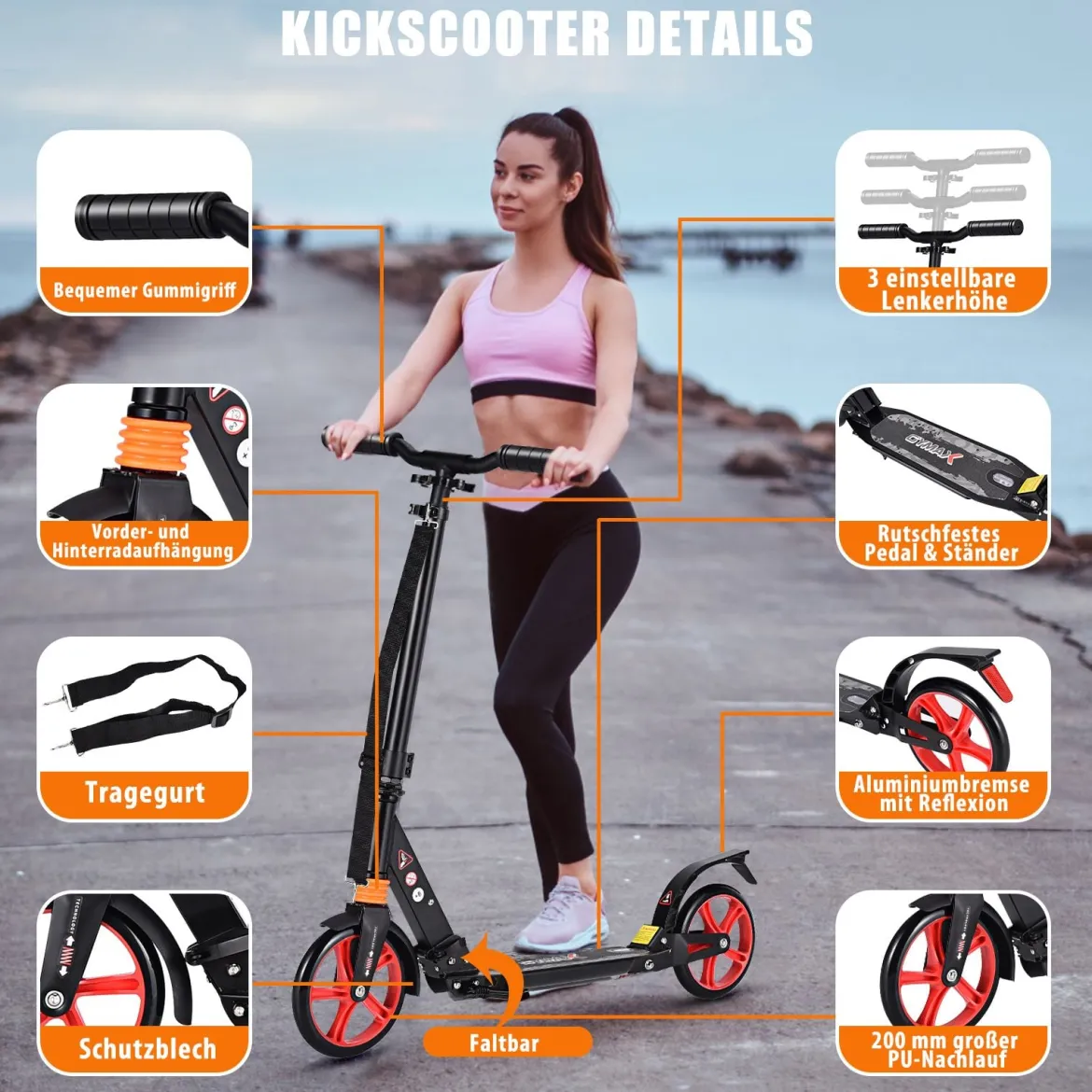 Scooter Roller klappbar Tretroller ABEC7-Lager 3 Höhen verstellbar Cityroller Sport Kickscooter Kickroller Schwarz und Rote Räder