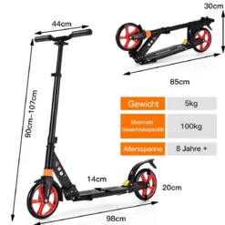 Scooter Roller klappbar Tretroller ABEC7-Lager 3 Höhen verstellbar Cityroller Sport Kickscooter Kickroller Schwarz und Rote Räder