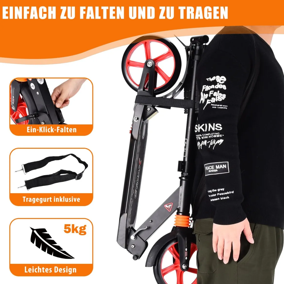 Scooter Roller klappbar Tretroller ABEC7-Lager 3 Höhen verstellbar Cityroller Sport Kickscooter Kickroller Schwarz und Rote Räder