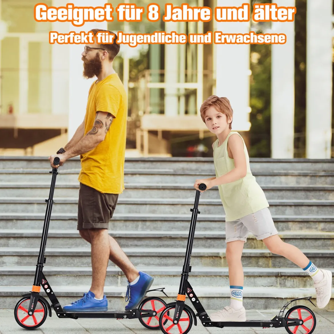 Scooter Roller klappbar Tretroller ABEC7-Lager 3 Höhen verstellbar Cityroller Sport Kickscooter Kickroller Schwarz und Rote Räder