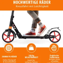 Scooter Roller klappbar Tretroller ABEC7-Lager 3 Höhen verstellbar Cityroller Sport Kickscooter Kickroller Schwarz und Rote Räder