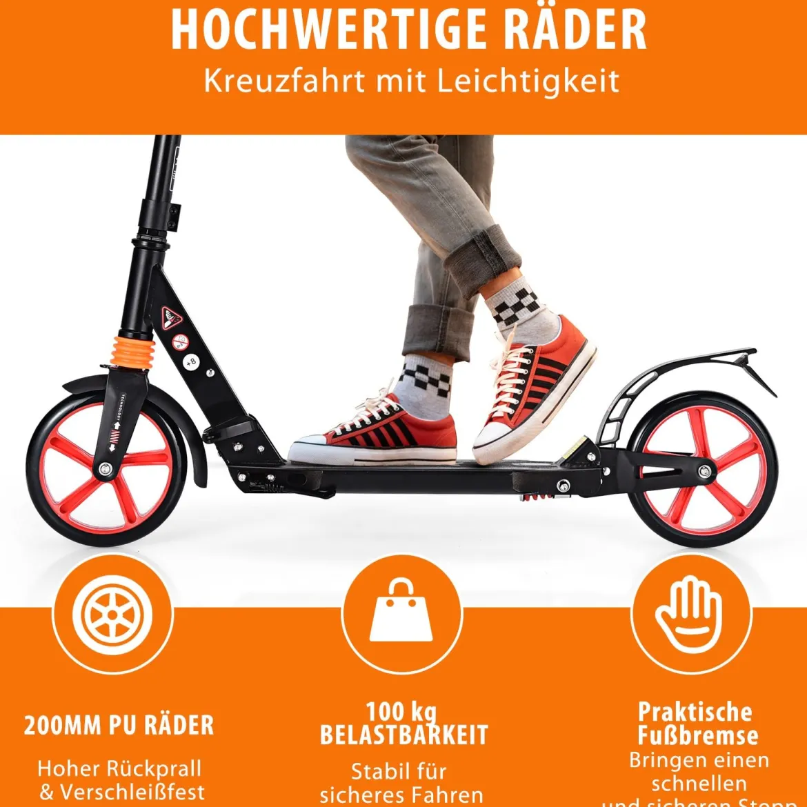 Scooter Roller klappbar Tretroller ABEC7-Lager 3 Höhen verstellbar Cityroller Sport Kickscooter Kickroller Schwarz und Rote Räder