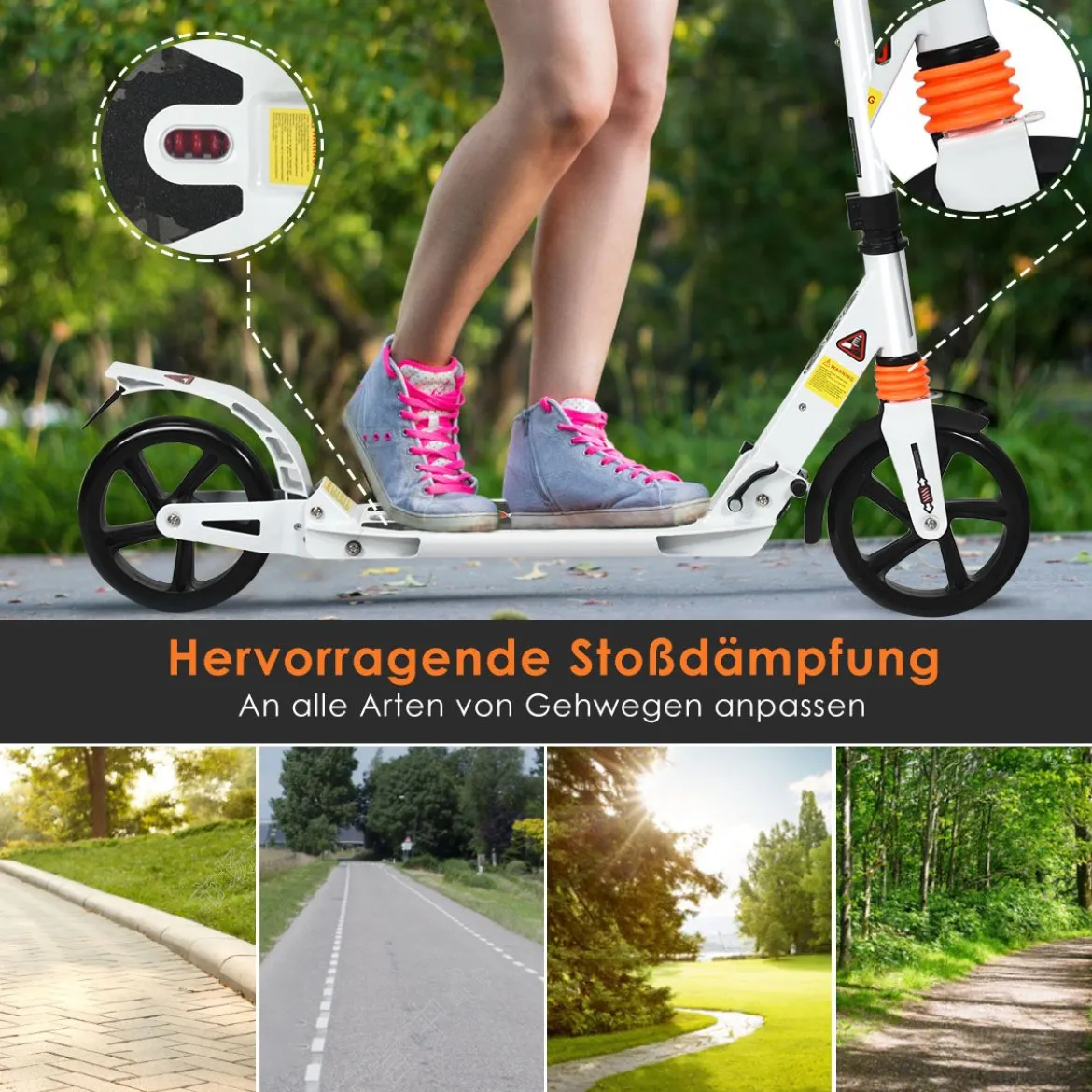 Scooter Roller klappbar Tretroller ABEC7-Lager 3 Höhen verstellbar City Scooter aus Aluminium Sport Kickscooter Kickroller Weiß