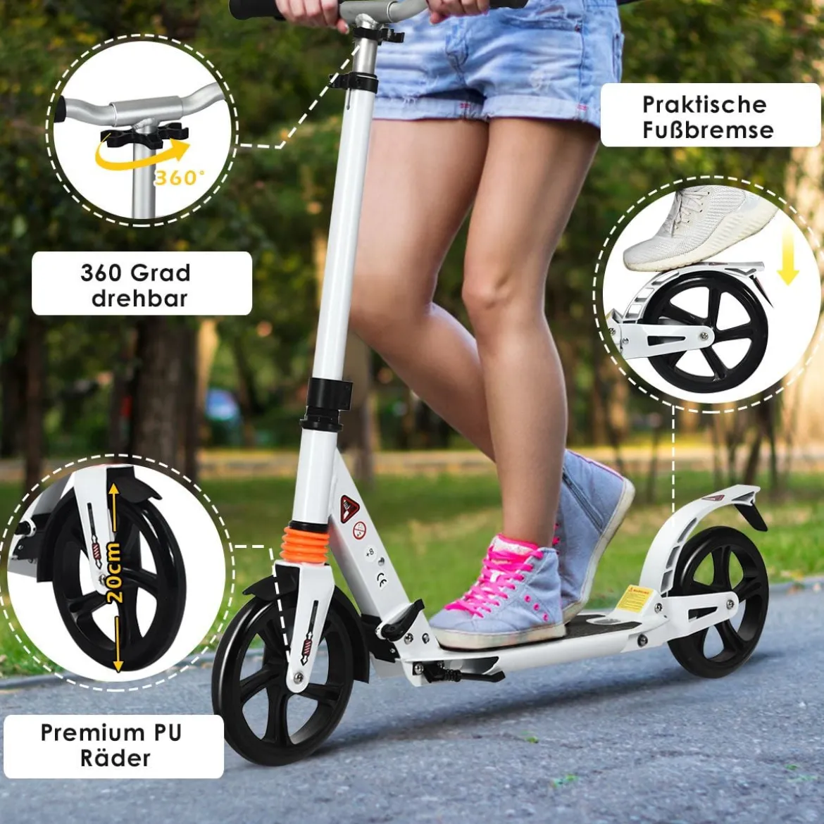 Scooter Roller klappbar Tretroller ABEC7-Lager 3 Höhen verstellbar City Scooter aus Aluminium Sport Kickscooter Kickroller Weiß