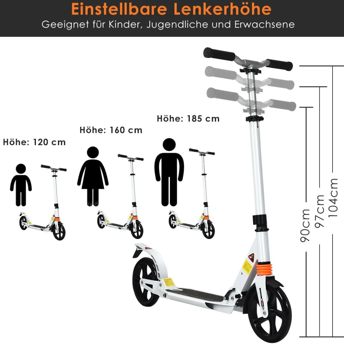 Scooter Roller klappbar Tretroller ABEC7-Lager 3 Höhen verstellbar City Scooter aus Aluminium Sport Kickscooter Kickroller Weiß