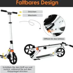Scooter Roller klappbar Tretroller ABEC7-Lager 3 Höhen verstellbar City Scooter aus Aluminium Sport Kickscooter Kickroller Weiß