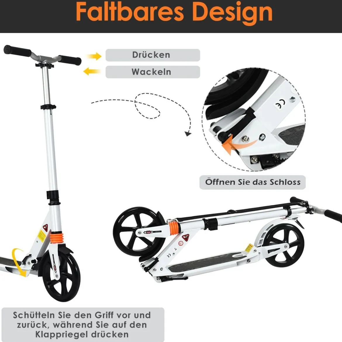 Scooter Roller klappbar Tretroller ABEC7-Lager 3 Höhen verstellbar City Scooter aus Aluminium Sport Kickscooter Kickroller Weiß