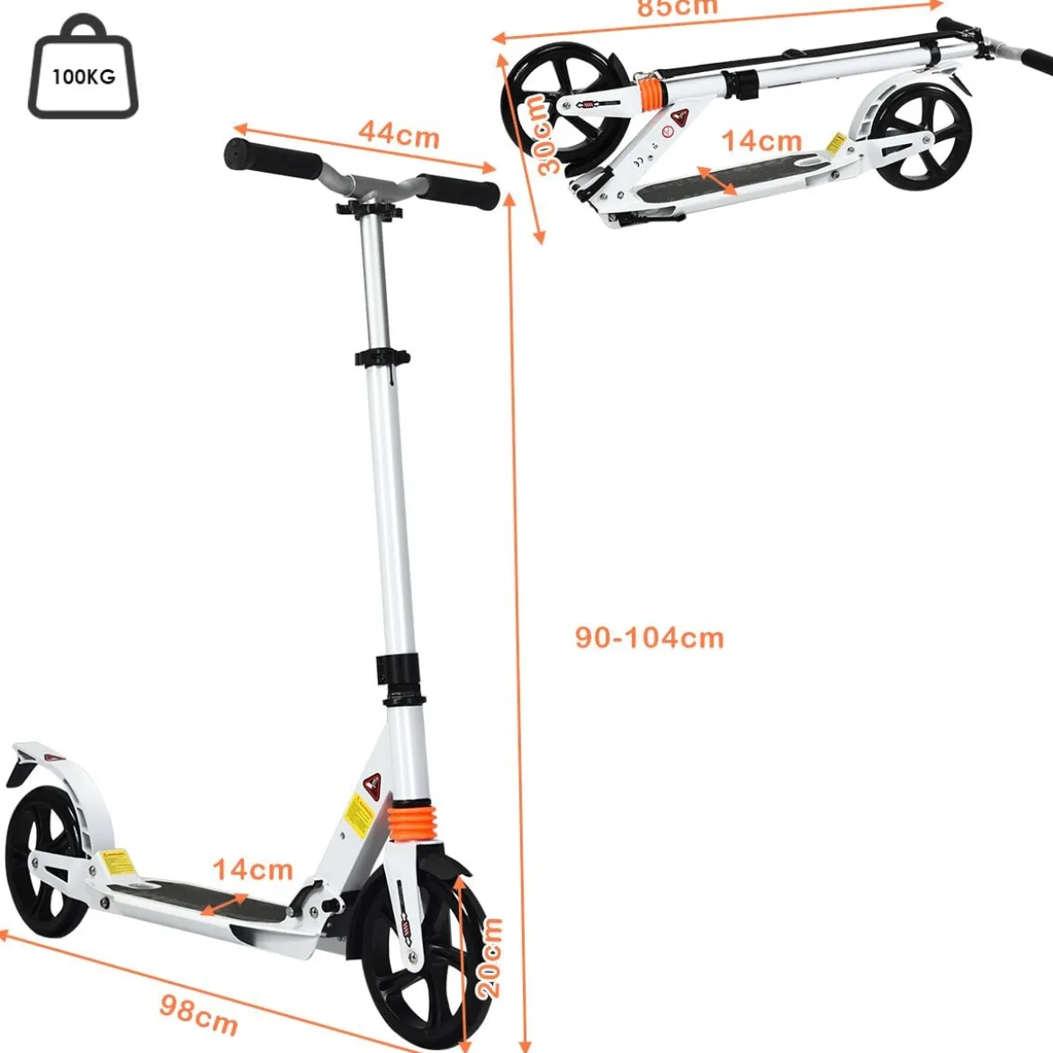 Scooter Roller klappbar Tretroller ABEC7-Lager 3 Höhen verstellbar City Scooter aus Aluminium Sport Kickscooter Kickroller Weiß