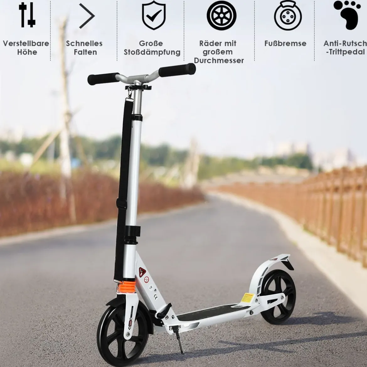Scooter Roller klappbar Tretroller ABEC7-Lager 3 Höhen verstellbar City Scooter aus Aluminium Sport Kickscooter Kickroller Weiß