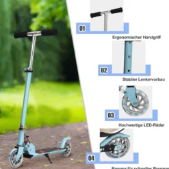 Scooter Tretroller Höhenverstellbar Kinder Roller Klappbar Kickroller mit 2 Räder Blau