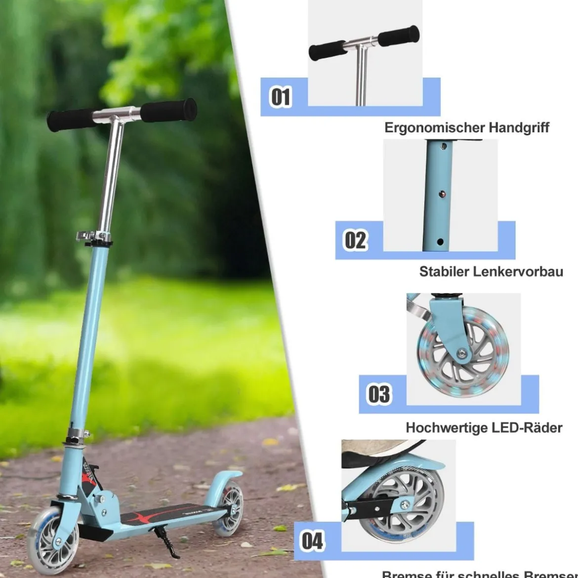 Scooter Tretroller Höhenverstellbar Kinder Roller Klappbar Kickroller mit 2 Räder Blau