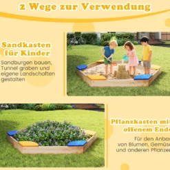 Sechseckiger Sandkasten aus Holz offener Sandkisten mit Pflanzkasten-Kombination 140 x 122 x 14 cm