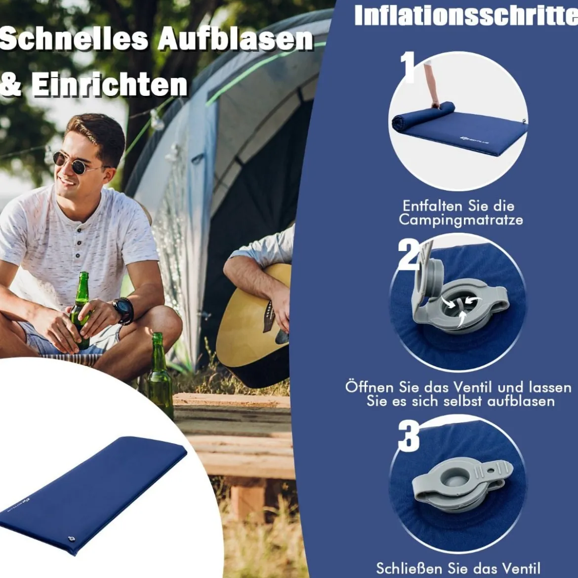 Selbstaufblasende Isomatte 7,6 cm Dicke Campingmatratze mit Eingebautem Ventil Blau
