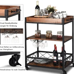 Servierwagen 3 Ablagen Küchenwagen Haushaltswagen mit Universalrädern Braun 78 x 46 x 82,5 cm