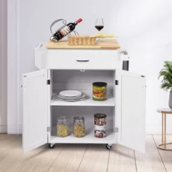 Servierwagen Küchenwagen mit Massiver Arbeitsplatte 82 x 48 x 91 cm Weiß
