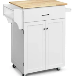 Servierwagen Küchenwagen mit Massiver Arbeitsplatte 82 x 48 x 91 cm Weiß