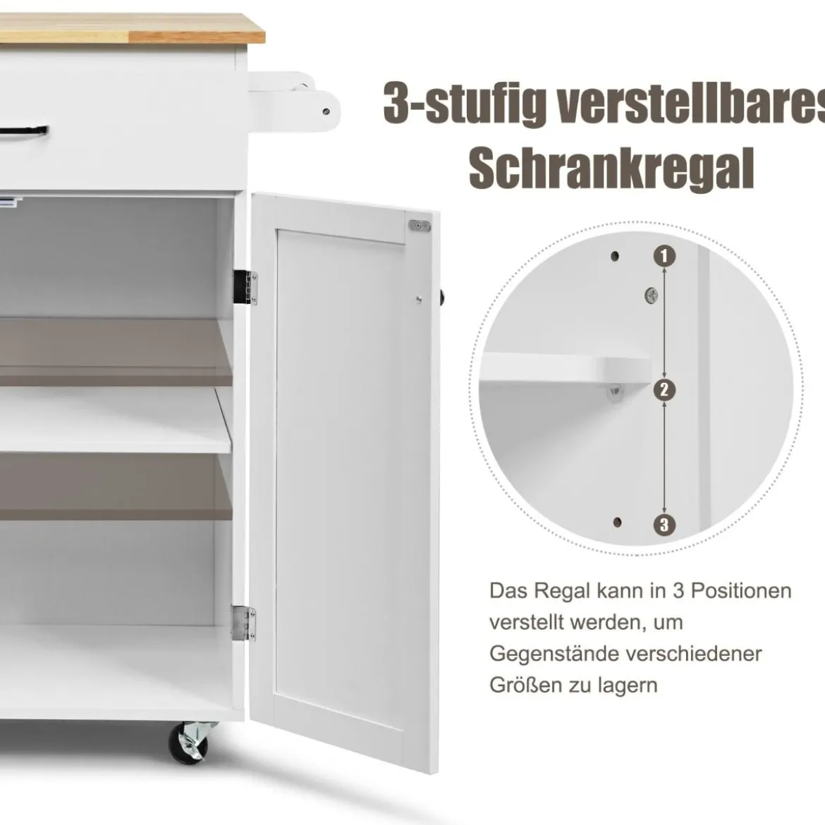 Servierwagen Küchenwagen mit Massiver Arbeitsplatte 82 x 48 x 91 cm Weiß