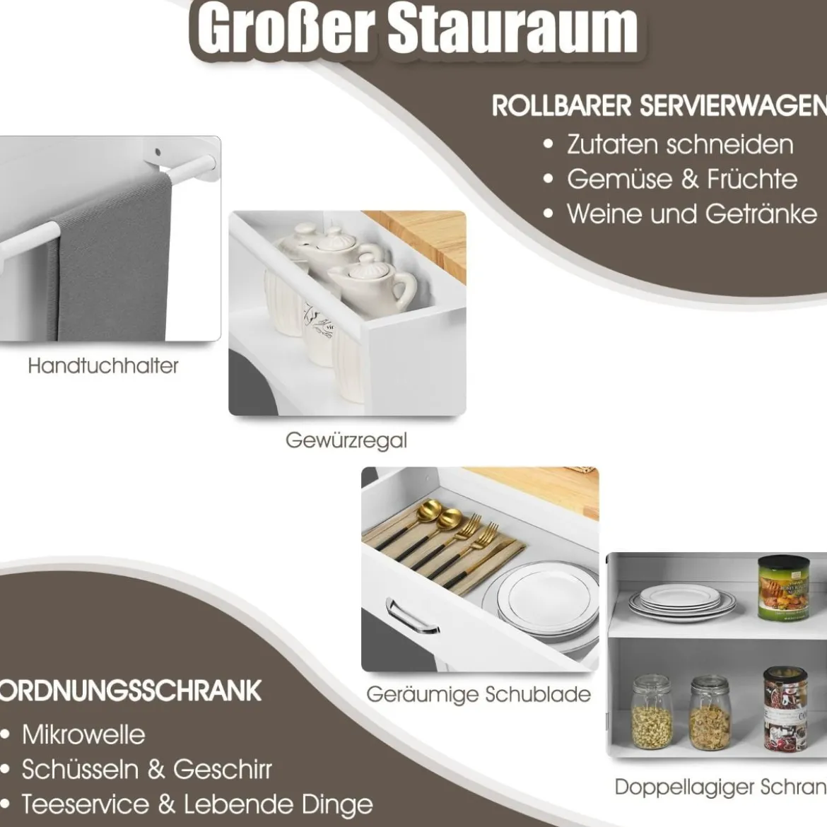 Servierwagen Küchenwagen mit Massiver Arbeitsplatte 82 x 48 x 91 cm Weiß